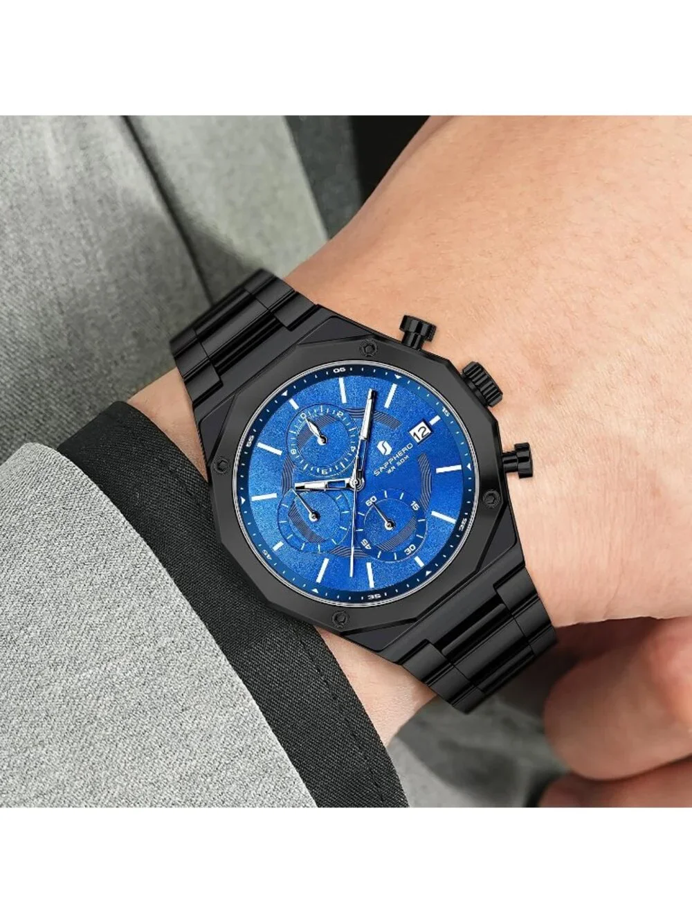 Men's Black Blue Analog Quartz Chronograph Stainless Steel Waterproof Wristwatch